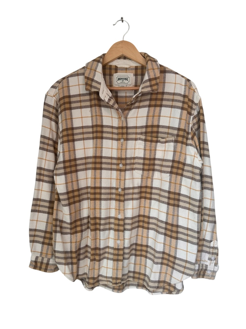 American Eagle Men's Plaid Flannel Button Down Shirt Cream Brown Mustard Size S